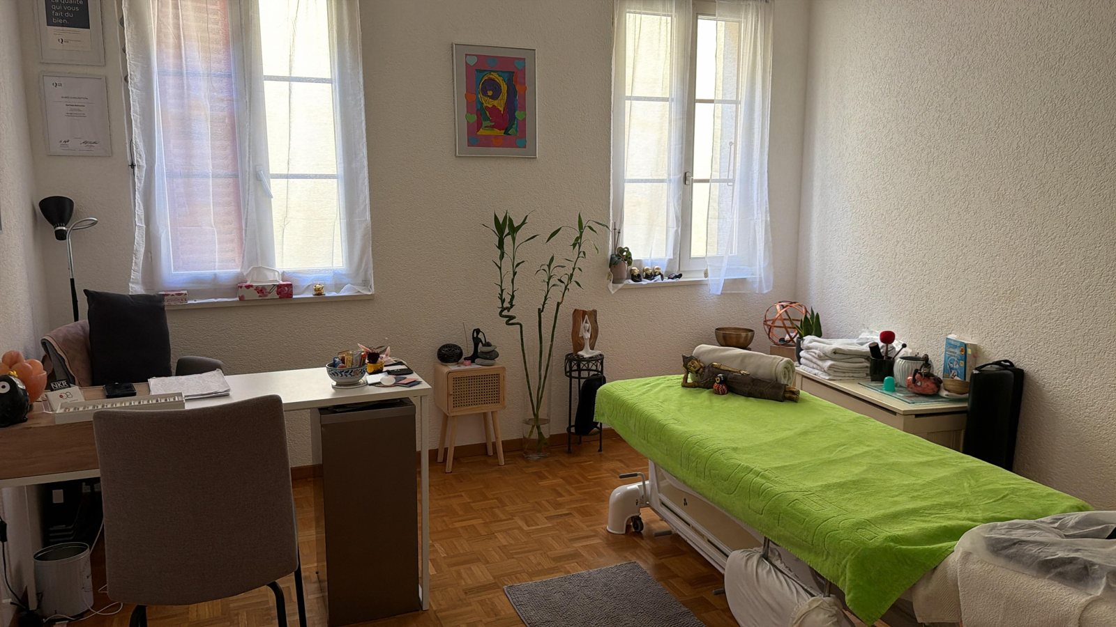 La salle de soin du cabinet de Sion, table de massage et plantes