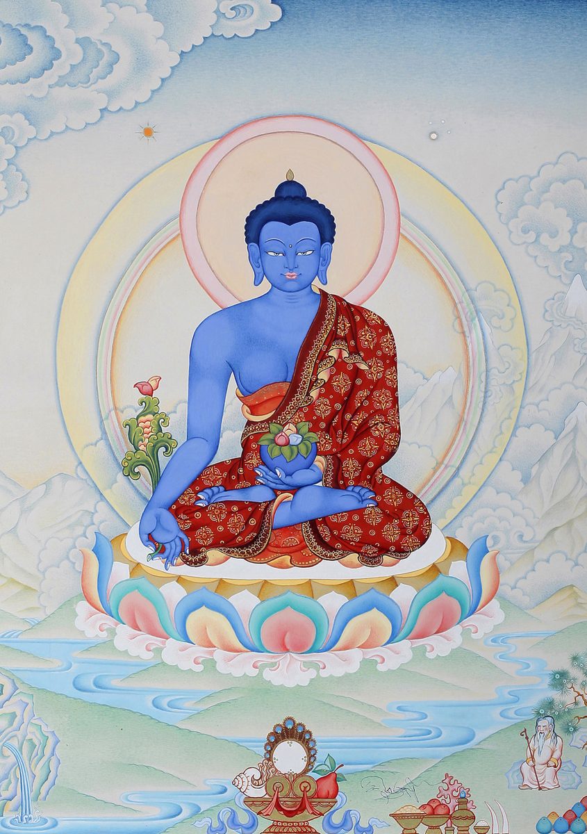 Thangka du Bouddha de Médecine, Sangyé Menla — médecine traditionnelle tibétaine