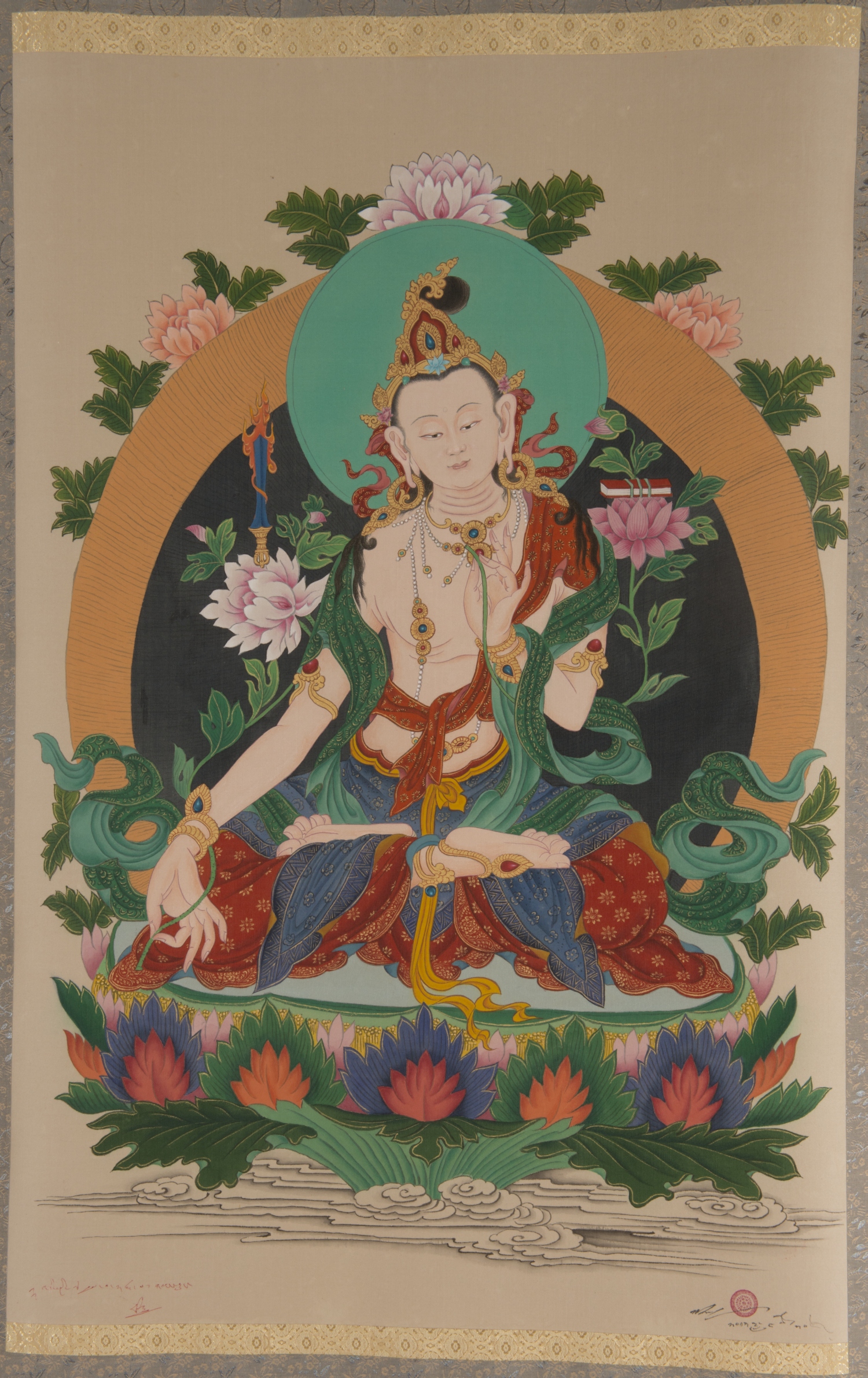 Thangka de Mañjuśrī blanc, bodhisattva de la sagesse, sur lotus et auréole