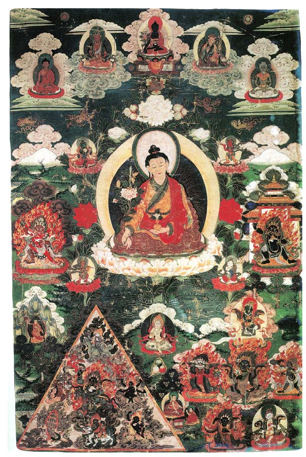 Thangka traditionnel de Yuthok Yönten Gönpo, père fondateur de la médecine tibétaine, entouré des bouddhas de médecine